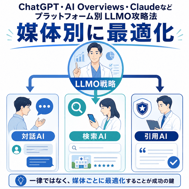 対話AI・検索AI・引用AIなど、AIプラットフォームごとにLLMO対策を最適化する考え方を示した図解
