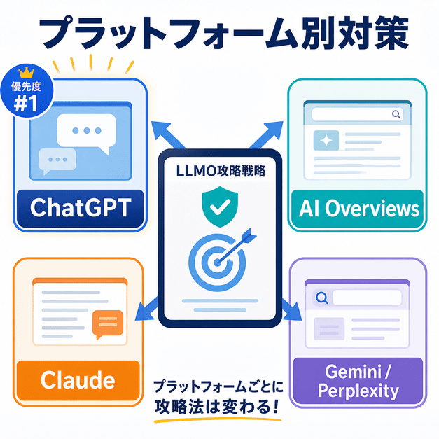 ChatGPT、AI Overviews、Claude、GeminiやPerplexityなどAIプラットフォームごとのLLMO対策を示した図解