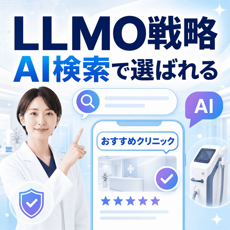 医療脱毛クリニックがAI検索で選ばれるためのLLMO戦略を、医師・検索画面・おすすめクリニック表示で示したイラスト