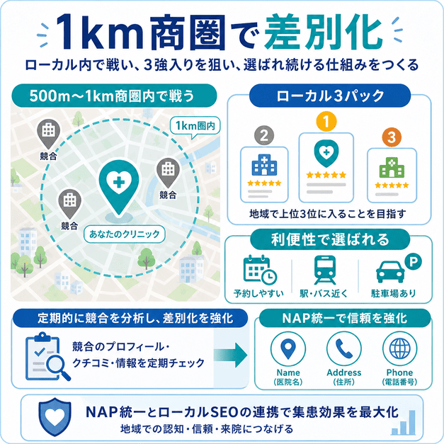 半径1km商圏でローカル3パック入りを狙い、利便性やNAP統一で競合との差別化を図る様子を示した図