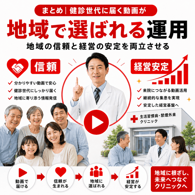 健診世代に届く動画発信によって地域から信頼され、安定したクリニック経営につながる様子のイラスト