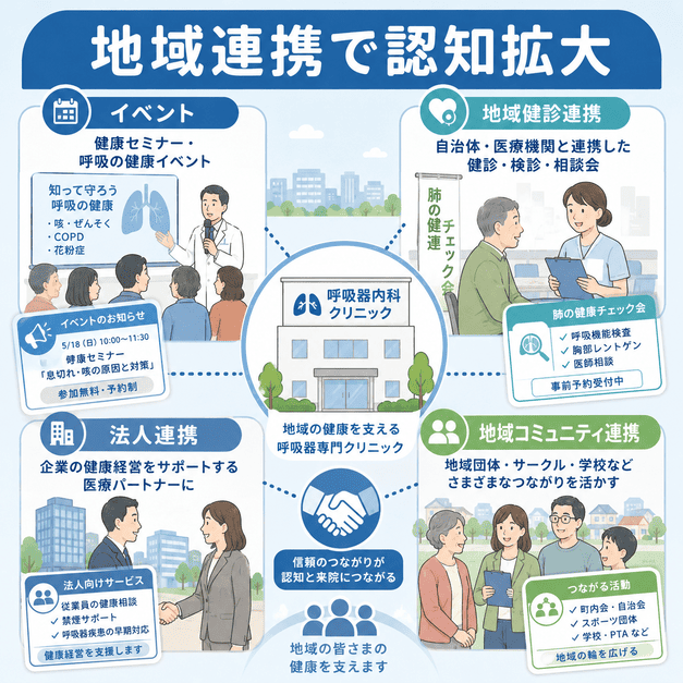 呼吸器内科クリニックが地域イベント・健診連携・法人連携・コミュニティ連携で認知を広げるイラスト