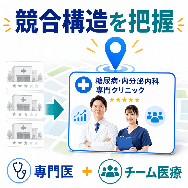 糖尿病・内分泌内科が地域競合の中で専門医とチーム医療を強みに差別化する考え方を示した図解