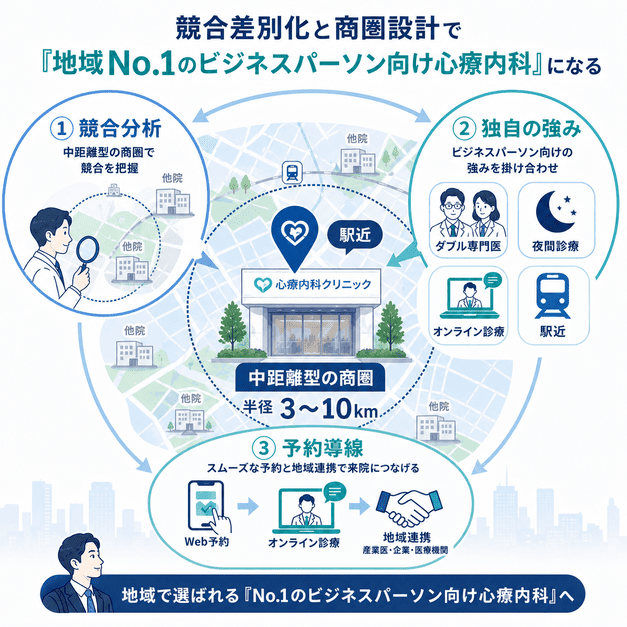 中距離商圏の競合分析、独自の強み、予約導線を組み合わせて地域で選ばれる心療内科を目指す図