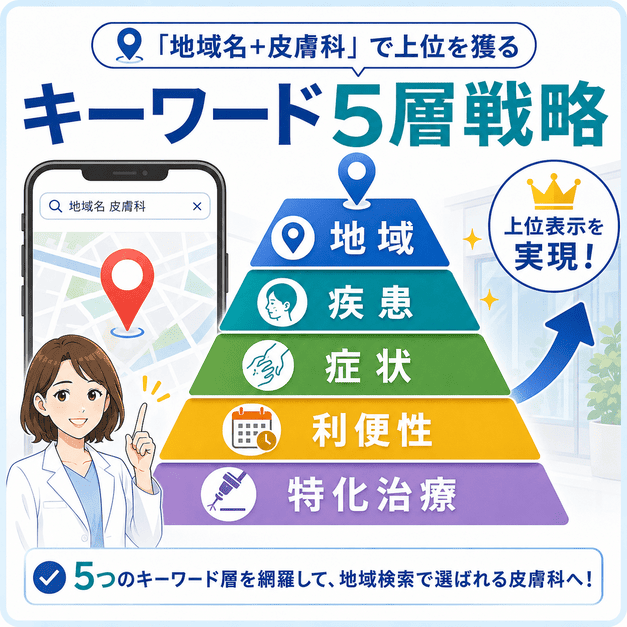 地域名と皮膚科を軸に、疾患・症状・利便性・特化治療まで広げるMEOキーワード5層戦略を図解した画像