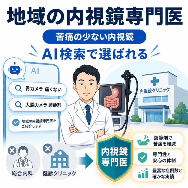 AI検索で地域の内視鏡専門医として選ばれるためのポジション戦略を示した図解