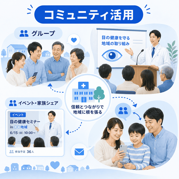 Facebookグループ、イベント、家族シェアを通じて地域の眼科医療とのつながりを深める様子を示す画像