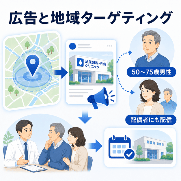 地域ターゲティング広告で50〜75歳男性と配偶者に泌尿器科クリニックの情報を届ける図解