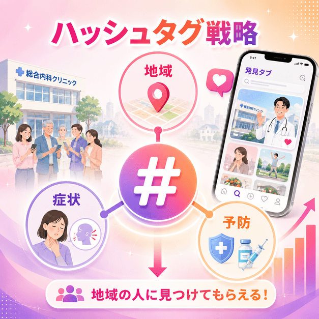 地域・症状・予防の三軸でハッシュタグを設計し、地域住民にクリニックを見つけてもらう様子を表したイラスト