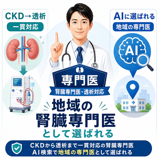 CKDから透析まで一貫対応できる腎臓専門医がAI検索で地域の専門医として選ばれる流れを示した図解