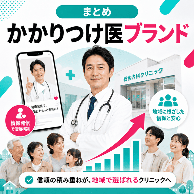 TikTok集患を通じて総合内科クリニックが地域のかかりつけ医ブランドを確立する様子を示したまとめイラスト