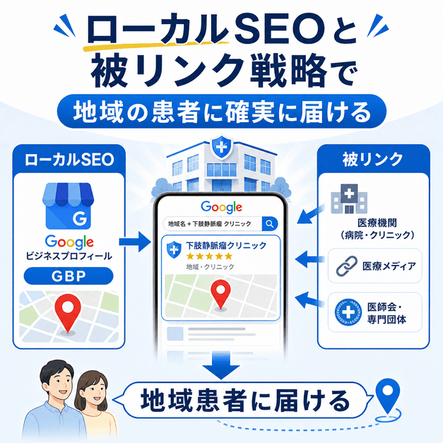 Googleビジネスプロフィールと医療機関からの被リンクで地域の患者に情報を届ける仕組みを示した図