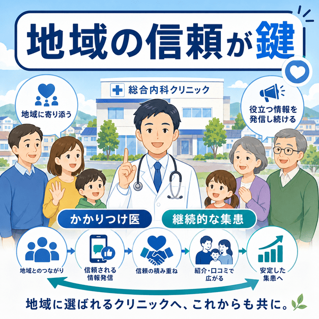 地域の信頼を軸に、かかりつけ医として選ばれ続ける総合内科クリニックを表したまとめ用イラスト