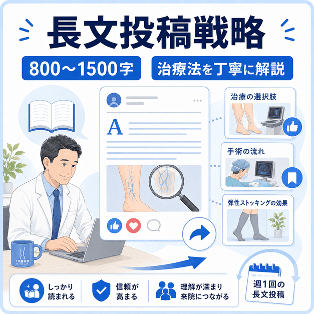 800〜1500字の長文投稿で下肢静脈瘤の治療法や手術の流れを丁寧に解説する戦略を示したイラスト