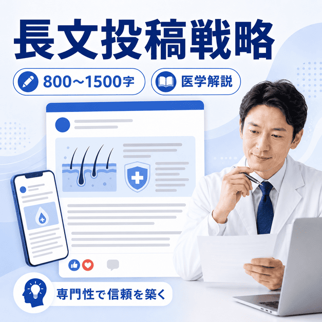 医師がAGA治療の医学解説を長文投稿として発信し、専門性と信頼を高める様子を表したイラスト