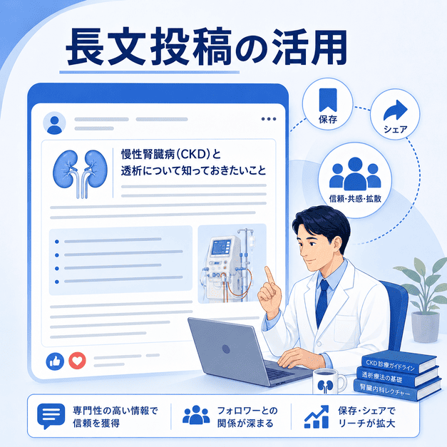 腎臓内科や透析に関する長文投稿で専門性と信頼を高める様子を表したイラスト
