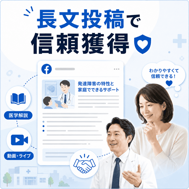 児童精神科クリニックが長文投稿や動画配信で発達障害に関する医学情報を伝え、親の信頼を高めるイメージ