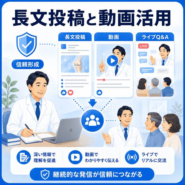 長文投稿、動画、ライブQ&Aを活用して再生医療クリニックへの信頼を高める流れを示したイラスト