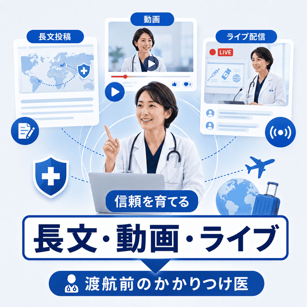 長文投稿・動画・ライブ配信を通じて渡航前のかかりつけ医として信頼を育てる様子を示したイラスト