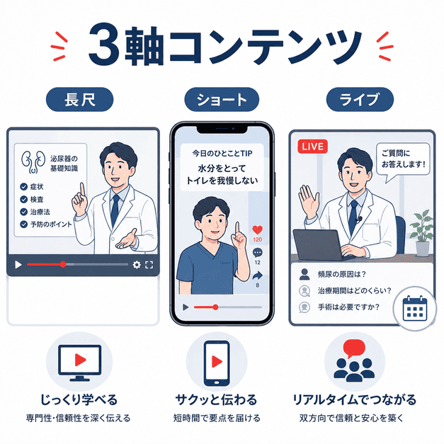 長尺動画・ショート動画・ライブ配信の3軸で、泌尿器科クリニックの動画コンテンツを組み立てるイラスト