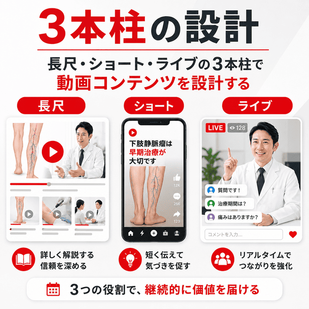 下肢静脈瘤治療クリニックのYouTube運用で長尺動画・ショート動画・ライブ配信を使い分ける構成を示したイラスト