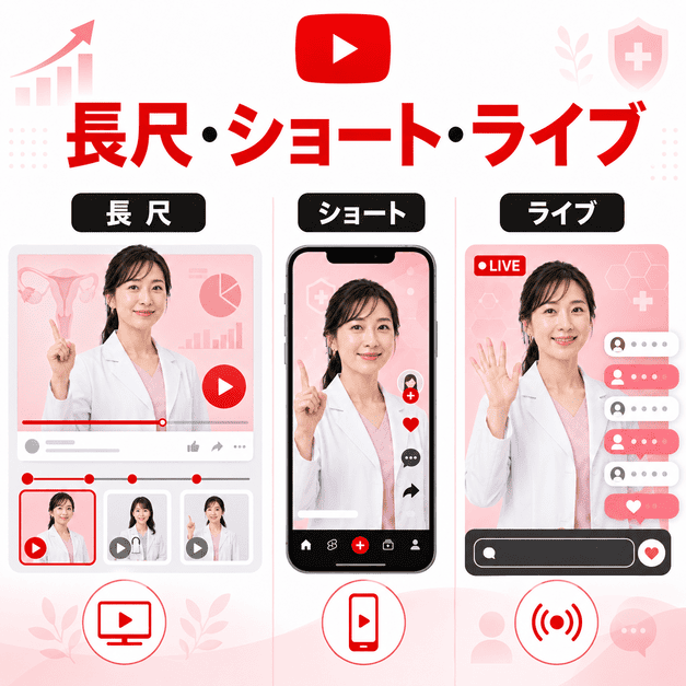 レディースクリニックのYouTube運用で長尺動画・ショート動画・ライブ配信を使い分ける3軸戦略の図