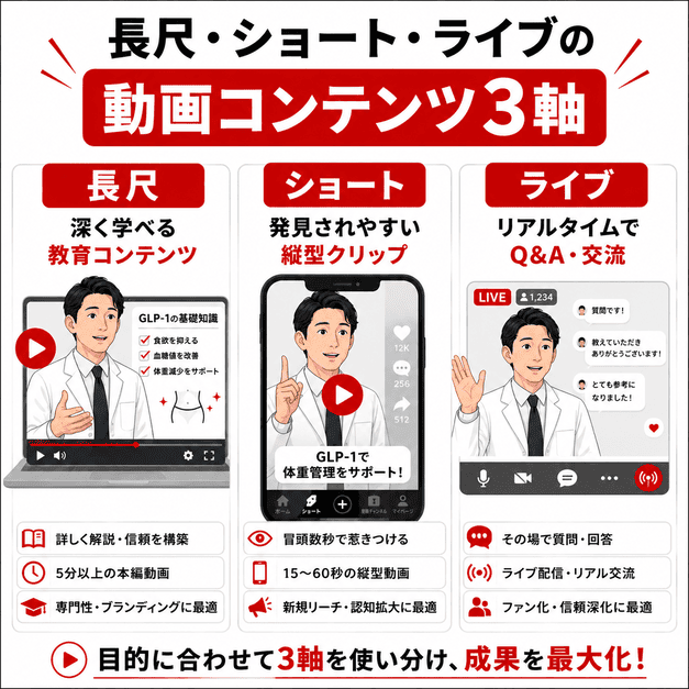 長尺動画、ショート動画、ライブ配信の3軸でメディカルダイエットの動画コンテンツを設計する様子