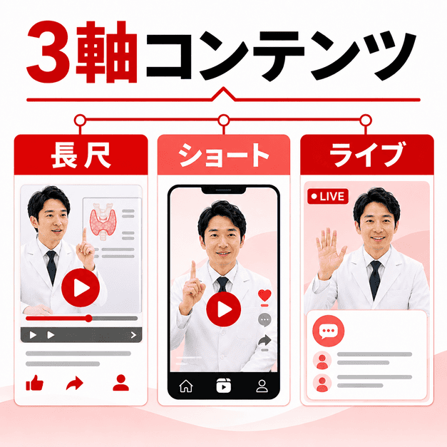 長尺動画、ショート動画、ライブ配信の3軸で医療系YouTubeコンテンツを組み立てるイラスト