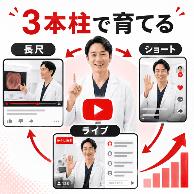 長尺動画、ショート動画、ライブ配信の3本柱で医療系YouTubeチャンネルを育てる構成を示したイラスト