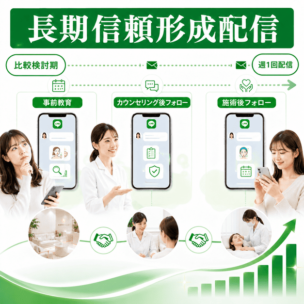 比較検討期からカウンセリング後、施術後フォローまでLINEで長期的に信頼形成する配信設計のイメージ