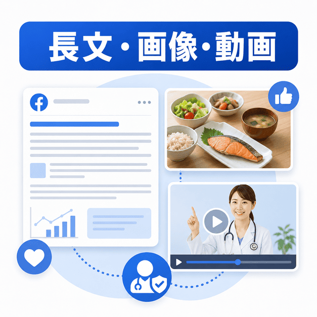 長文投稿、献立写真、医師の動画解説を組み合わせ、専門性と親しみやすさを伝えるFacebook投稿運用のイラスト