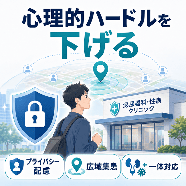 泌尿器科・性病クリニックのMEO対策で、患者の心理的ハードルを下げる重要性を示したイラスト