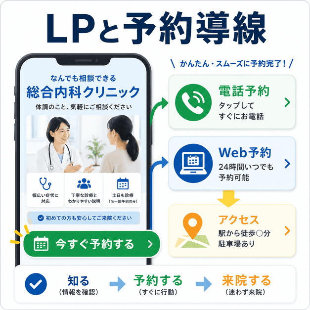 総合内科クリニックのLPで電話予約・Web予約・アクセス情報を分かりやすく配置する予約導線のイラスト