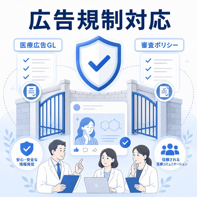 医療広告ガイドラインとMeta広告審査に対応するためのチェック体制を示したイラスト