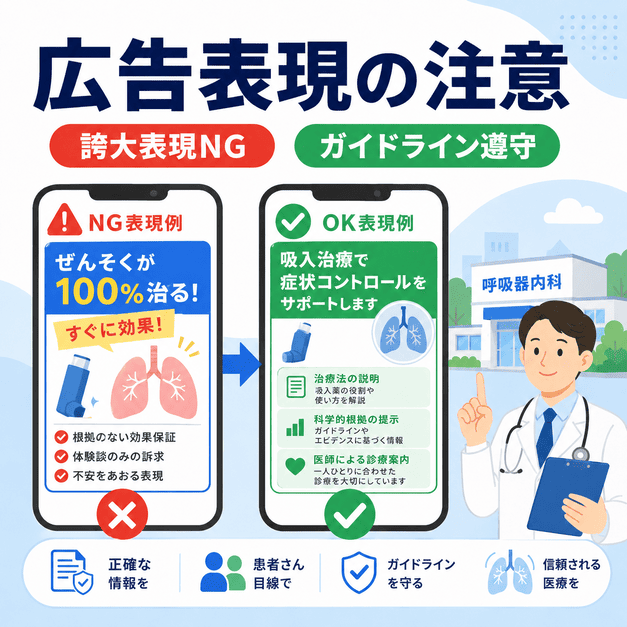 医療広告ガイドラインを守りながら誇大表現を避ける広告表現の注意点を示した図解
