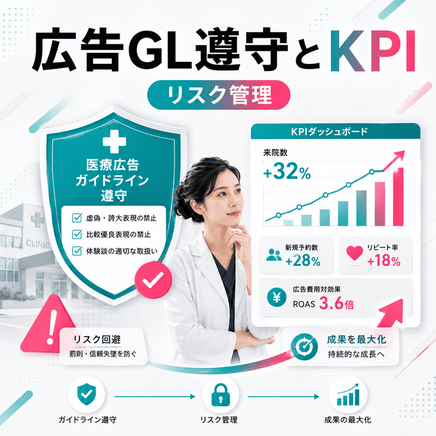医療広告ガイドライン遵守とKPI管理を両立し、形成外科TikTok運用のリスク管理と成果向上を図るイラスト