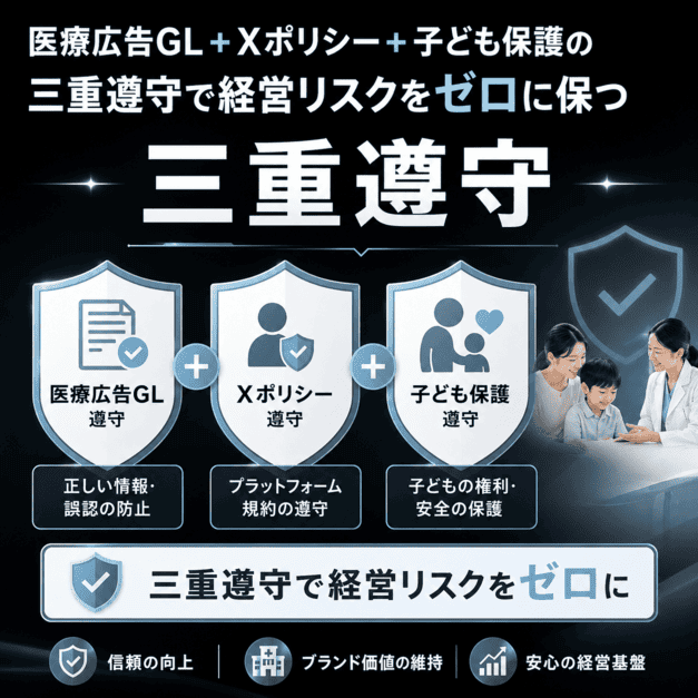 医療広告GL・Xポリシー・子ども保護の三重遵守で経営リスクを抑える仕組みを示したイラスト