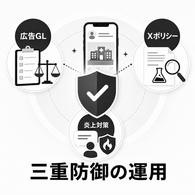 医療広告ガイドライン、Xポリシー、炎上リスクへの三重防御で安全にSNS運用する様子を表したイラスト