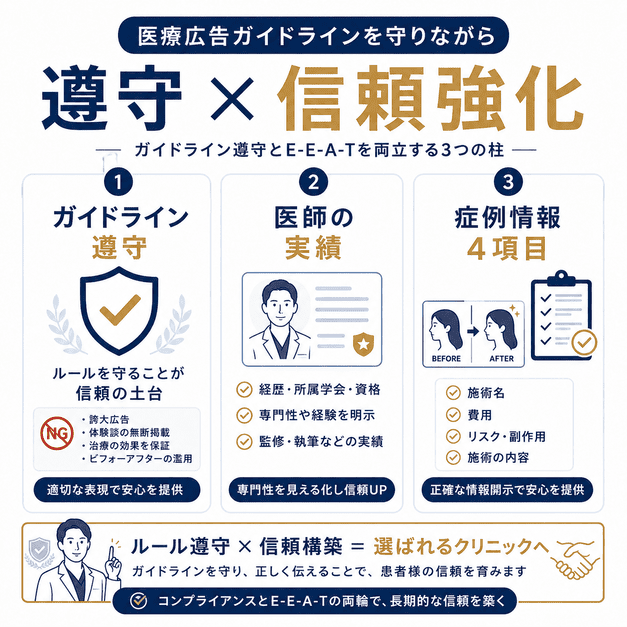医療広告ガイドラインを守りながら医師の実績や症例情報を示してE-E-A-Tを高める方法をまとめた図