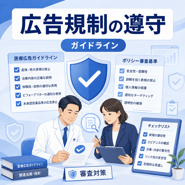 医療広告ガイドラインとMetaポリシーを確認しながら広告表現を審査する様子を示すイラスト