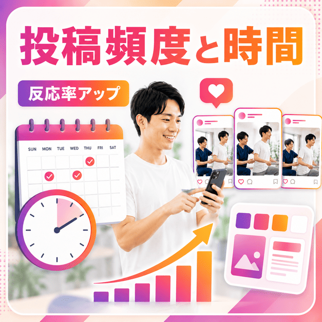 投稿頻度、配信時間、ビジュアル設計を整えてInstagramの反応率向上を目指す様子を表したイラスト