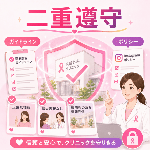 医療広告ガイドラインとInstagramポリシーを守りながらクリニックの情報発信を行うイメージ