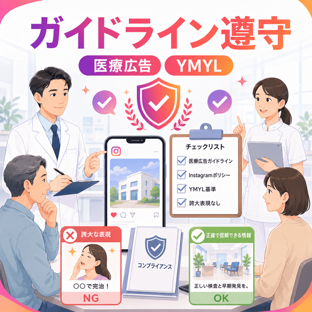 医療広告ガイドラインとYMYL基準を確認しながら、Instagram投稿を安全に運用する様子
