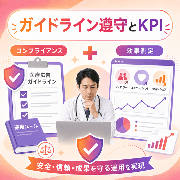 医療広告ガイドラインの遵守とKPI測定により、訪問診療クリニックのSNS運用成果を守るイラスト