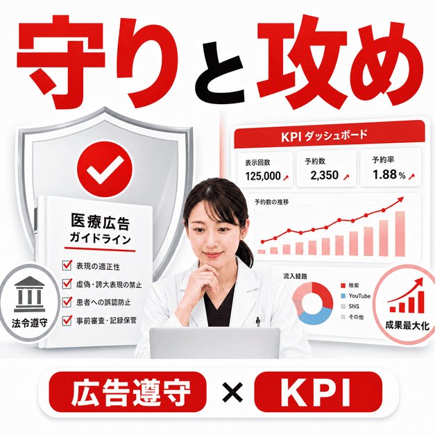 医療広告ガイドラインの遵守とKPIダッシュボードによる成果管理を両立する医療脱毛クリニックのイラスト
