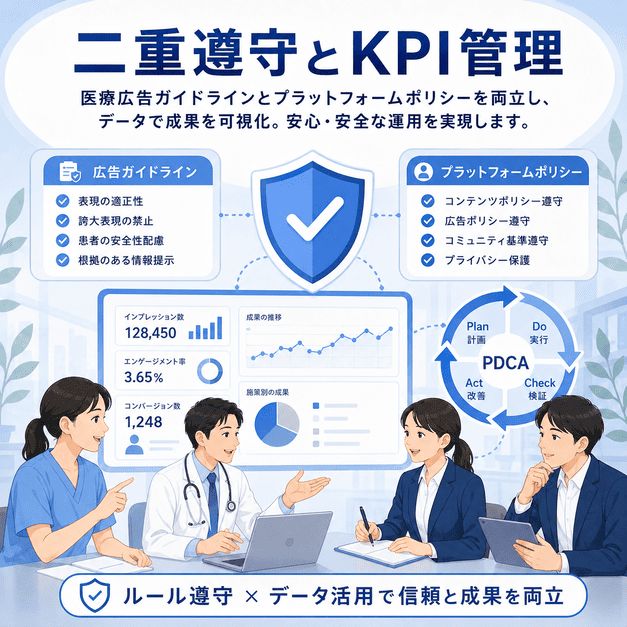 医療広告ガイドラインとMetaポリシーの二重遵守、KPI管理による安全な運用を示すイラスト