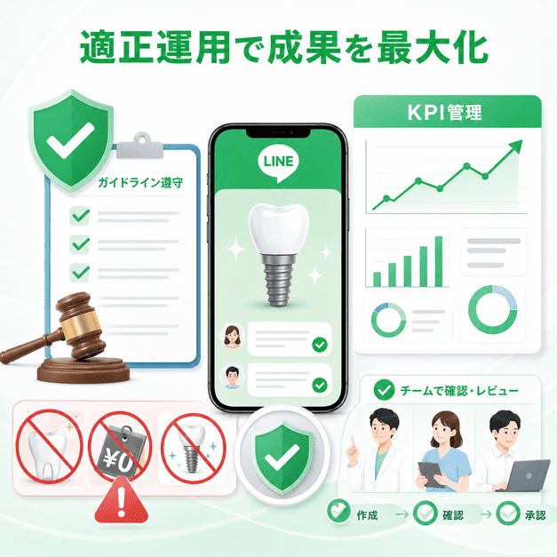 医療広告ガイドラインの遵守チェックとKPI管理ダッシュボードを組み合わせた運用管理のイラスト