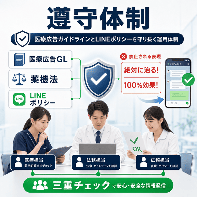 医療広告ガイドライン・薬機法・LINEポリシーを三重チェックで守る運用体制を示したイラスト