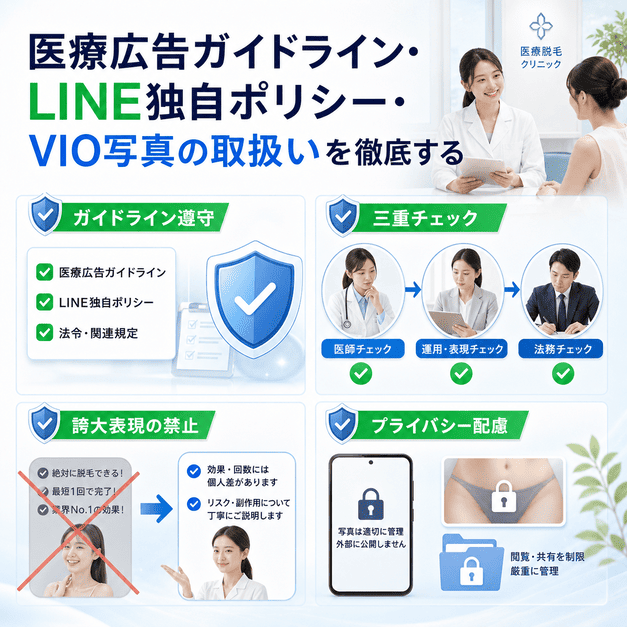 医療広告ガイドライン、LINE独自ポリシー、VIO写真の取扱いを三重チェックで管理する体制
