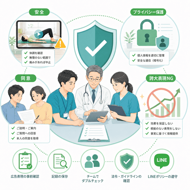 医療広告ガイドライン、本人同意、個人情報保護、安全注意喚起を確認するLINE運用ルール